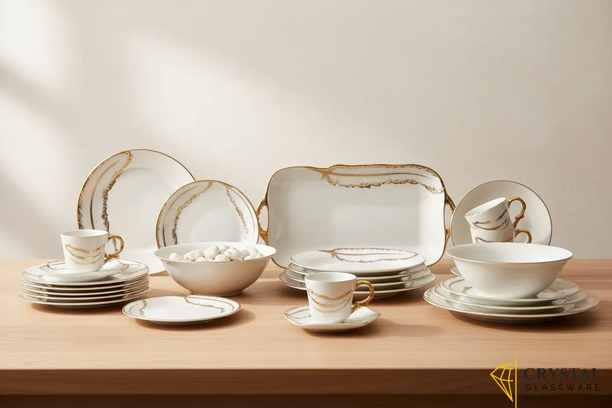 42 pcs porcelain dinnerware set featuring an elegant embossed feather design with gold rims — Crystal Glassware Pakistan